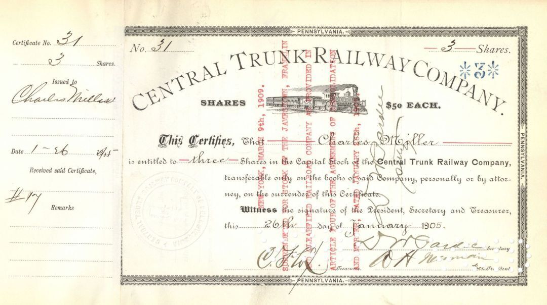Central Trunk Railway Co. - 1887-1909 dated Railroad Stock Certificate - Railroa