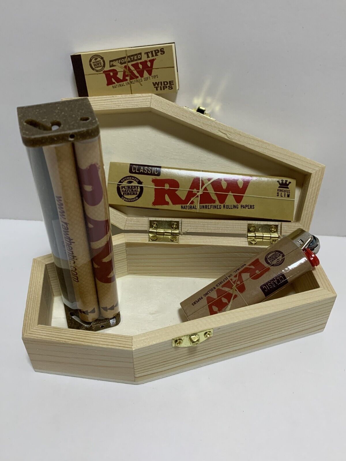 New Wood Coffin RYO Smokers Box with RAW King Size papers, tips, roller, lighter