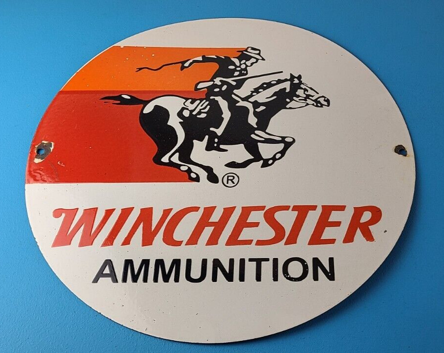 Vintage Winchester Sign - LARGE Hunting Firearm Shot Gun Gas Pump Porcelain Sign
