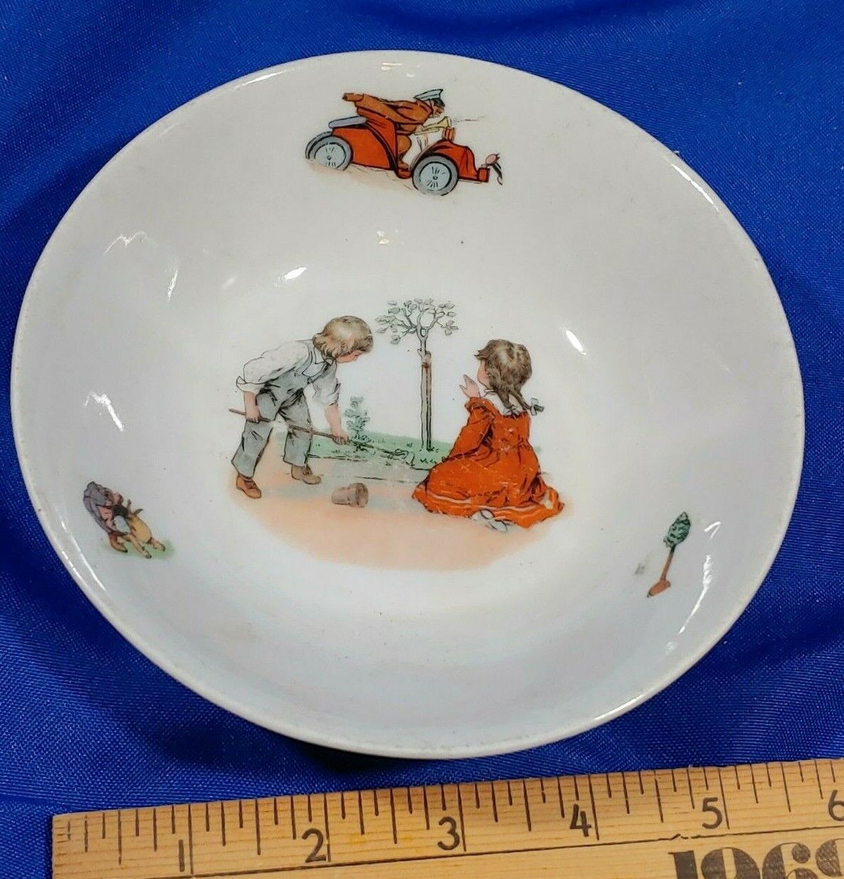Antique Germany China Porcelain Bowl Kids Playing Garden Car Auto Tree Old Rare