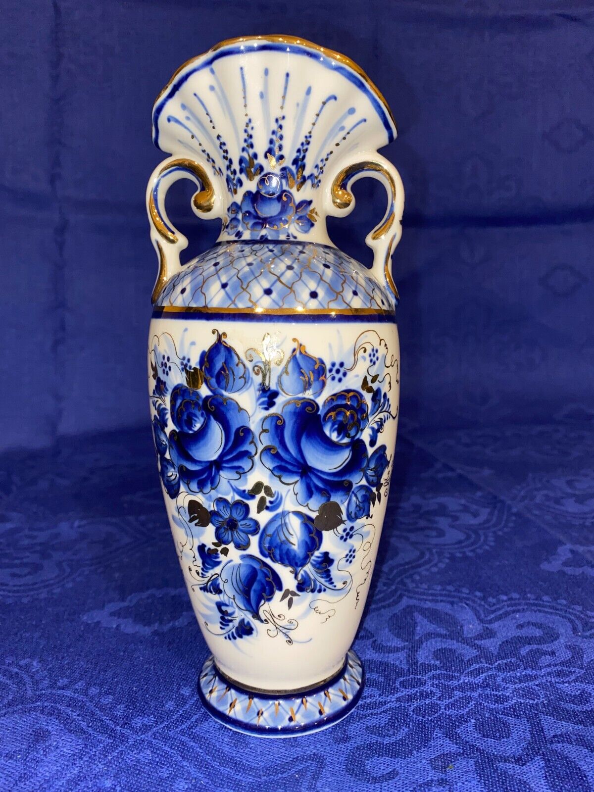 Gzhel Porcelain Floral Vase, 9.5\