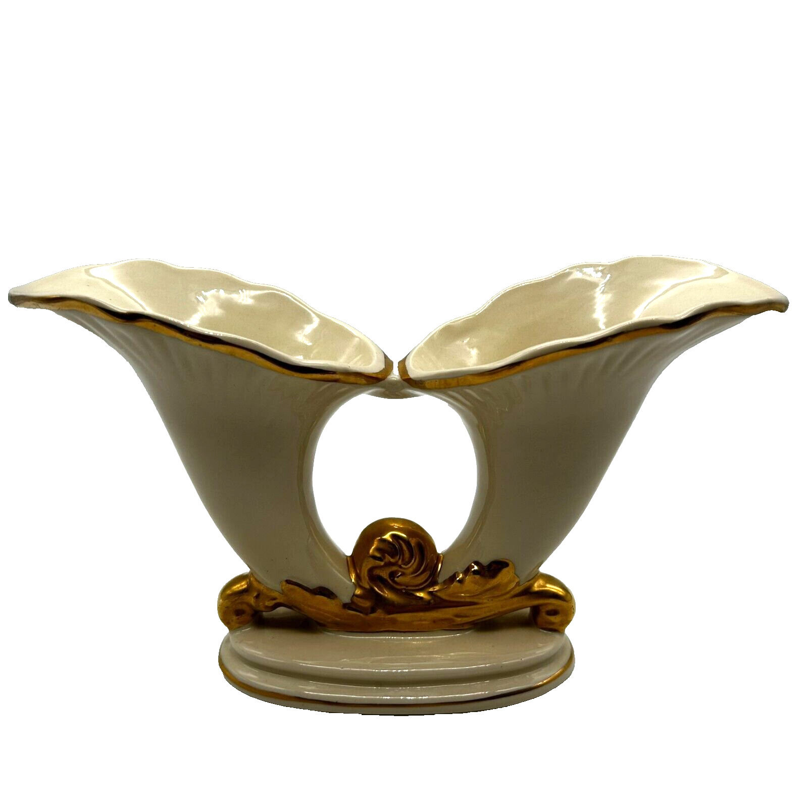 Vintage c1940s Double Cornucopia Ivory Gold Trim Horn Of Plenty Centerpiece Vase