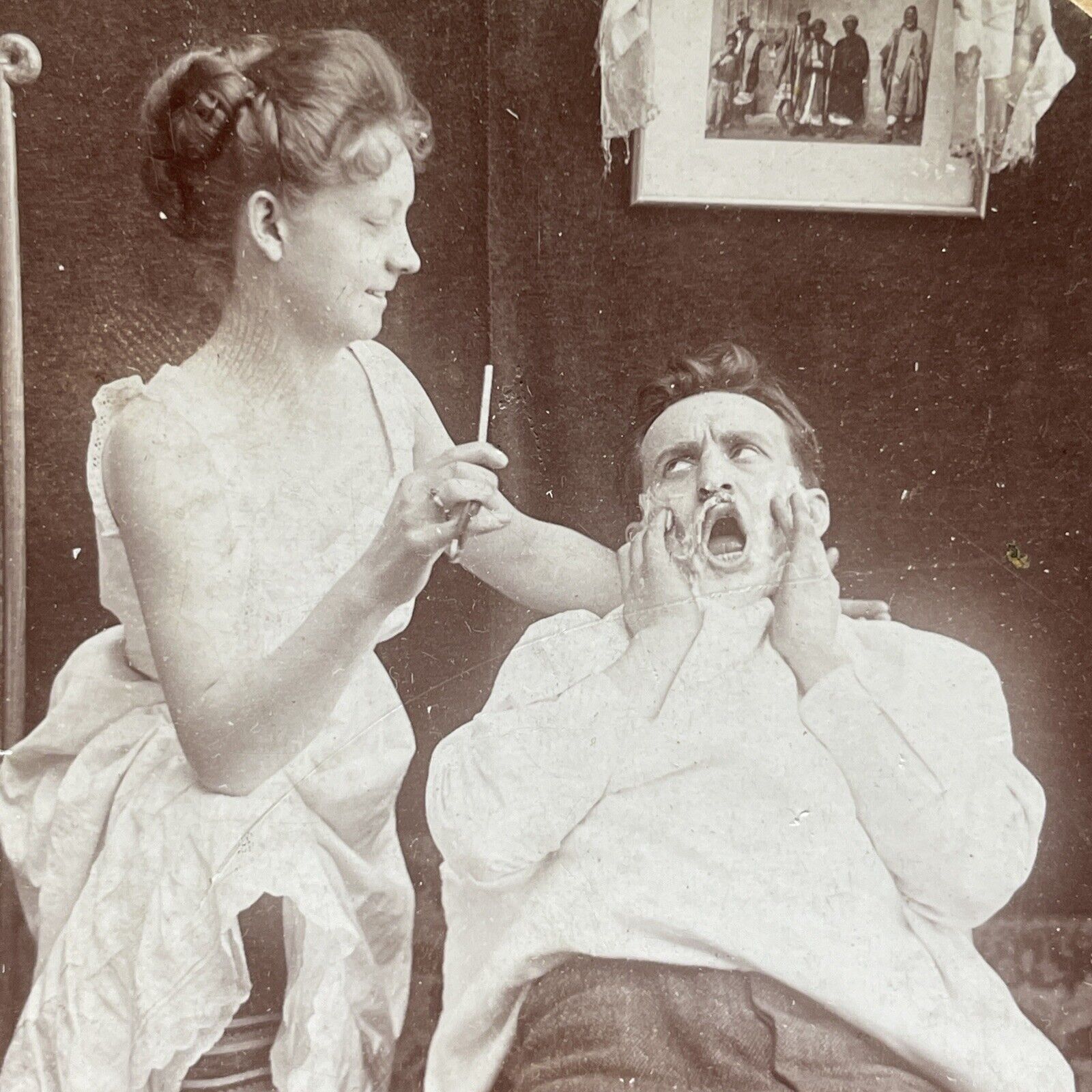 Antique 1899 Woman Shaves A Man's Mustache Stereoview Photo Card P2642
