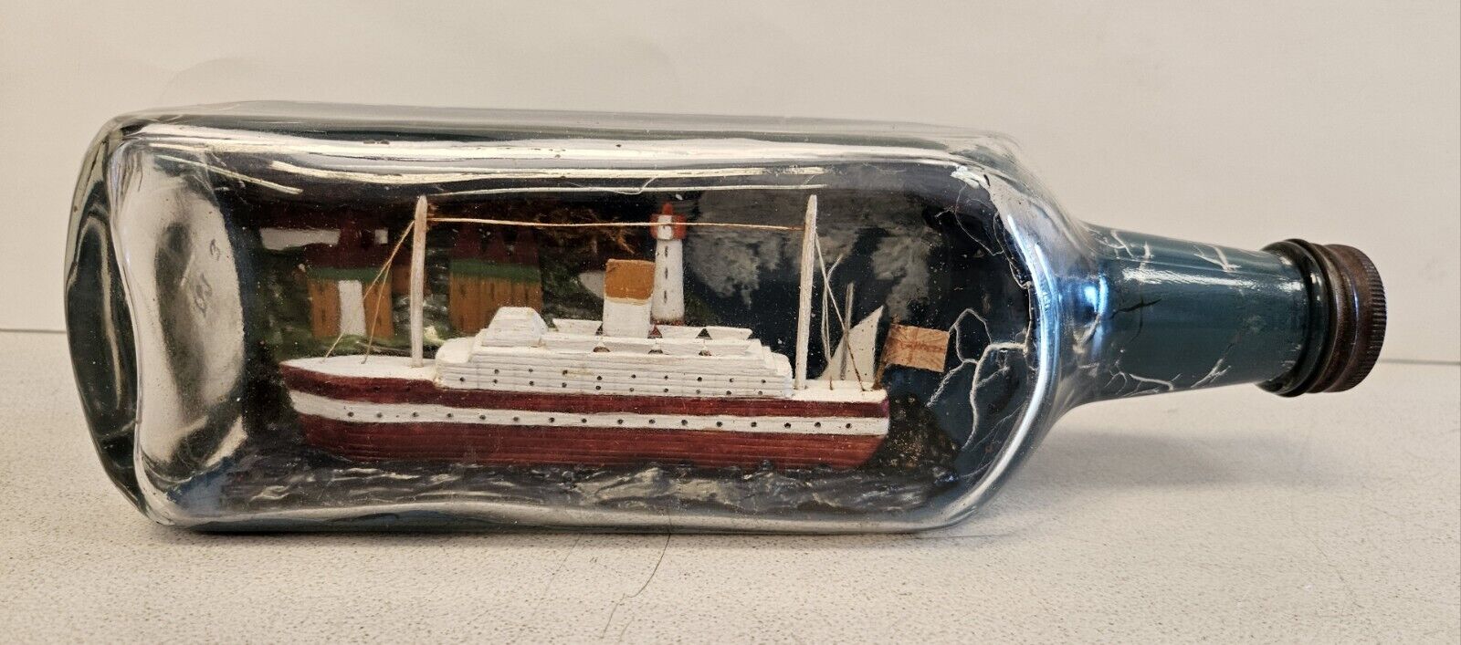 Terrific Antique early 1930s SHIP IN A BOTTLE in Diorama Lighthouse FOLK ART