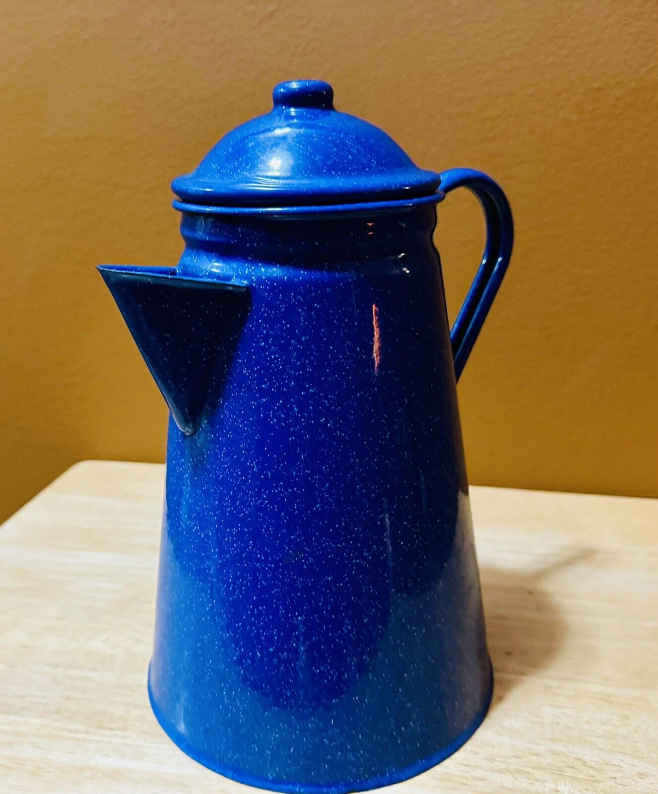 vintage blue speckled enamelware pot