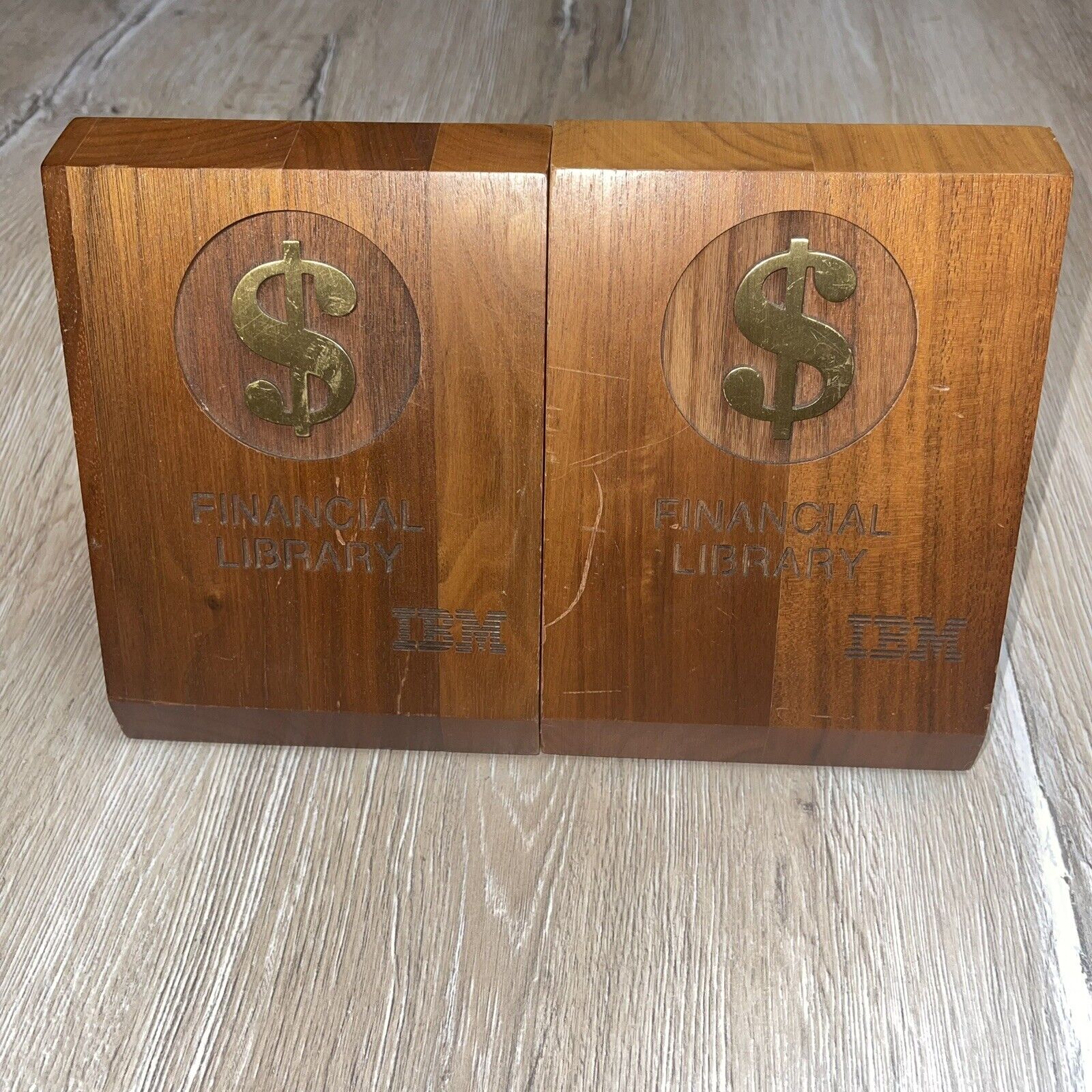Vintage Mid Century Wooden IMB Financial Library Slanted Bookends A Pair