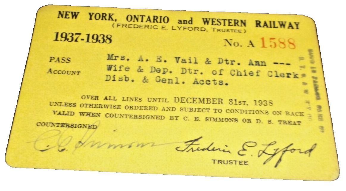 1937-1938 NEW YORK ONTARIO & WESTERN NYO&W EMPLOYEE PASS #1588