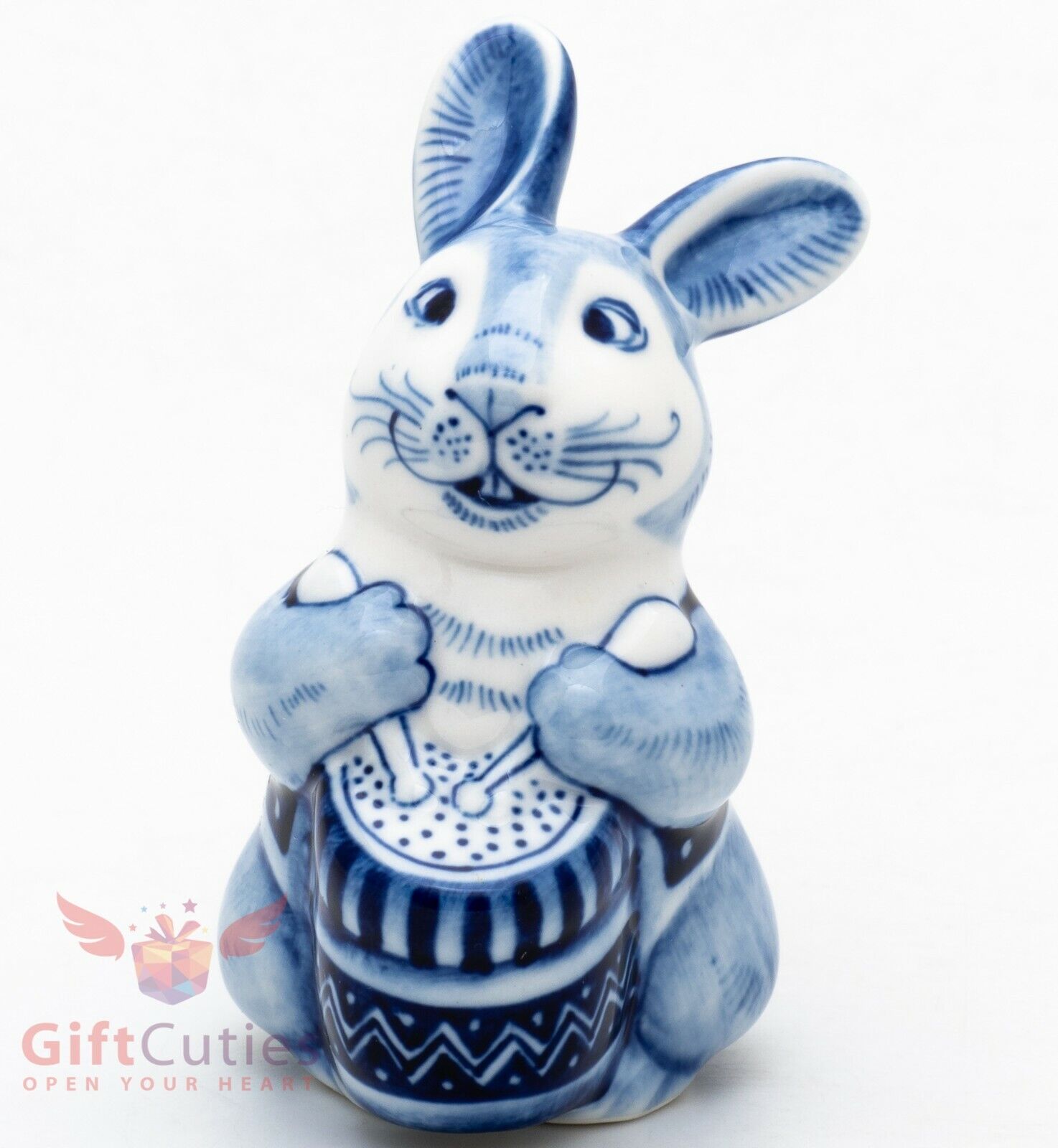 Bunny Rabbit Hare with a drum Gzhel Porcelain Figurine hand-painted Гжель
