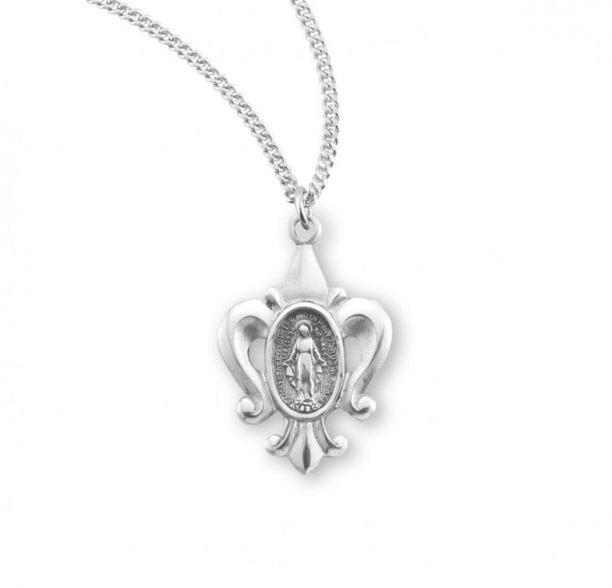 Sterling Silver Fleur De Lis Miraculous Medal with Chain, 1.0 Inch N.G.