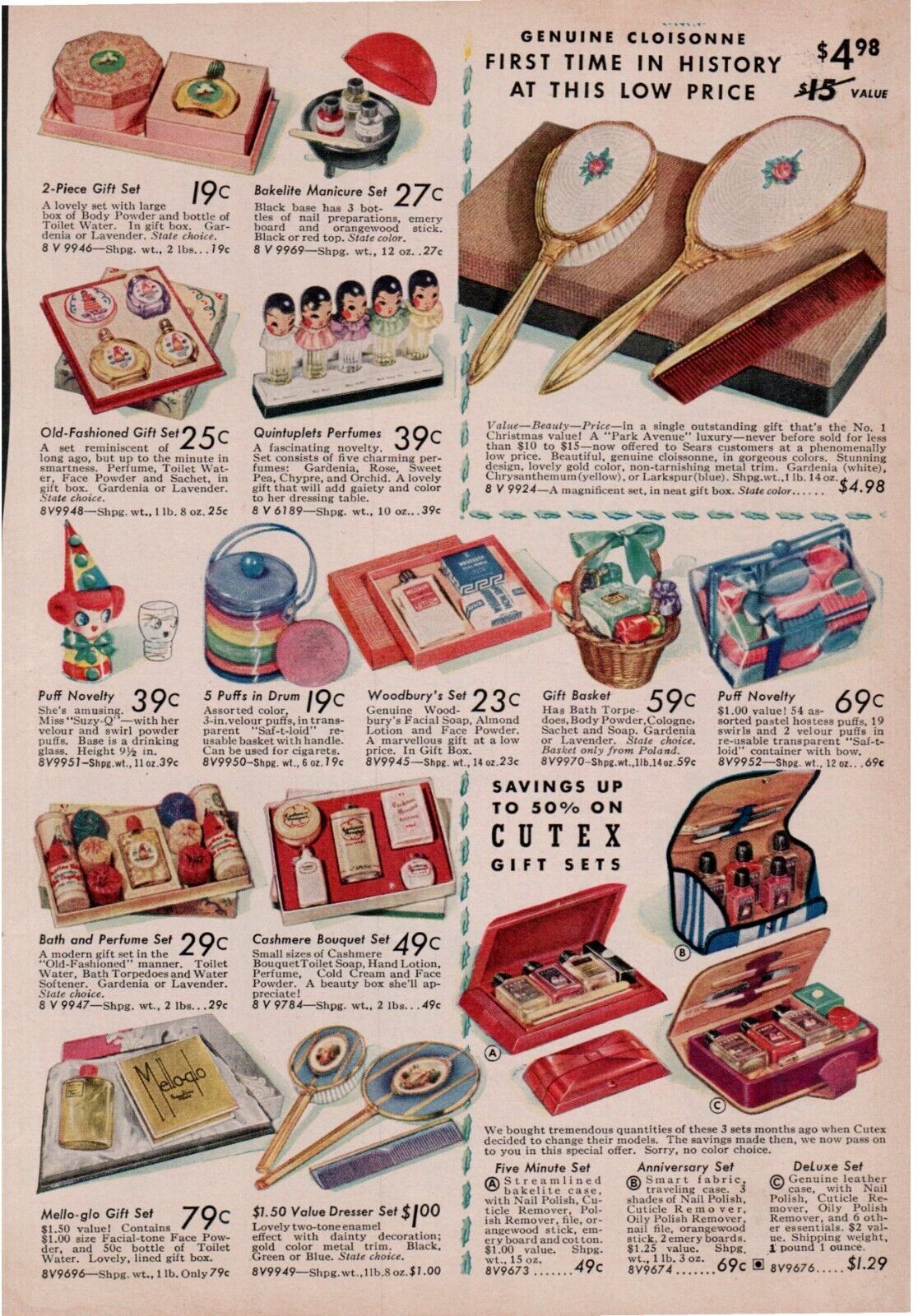 Late 1930\'s Sears Catalog Page #25 Cosmetic Perfume Set Mello-Glo Cutex Quints