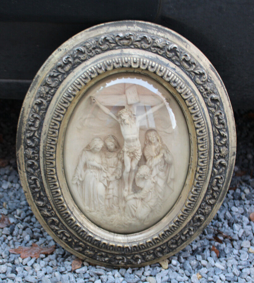LARGE antique 19thc meerschaum carved crucifixion christ globe glass convex