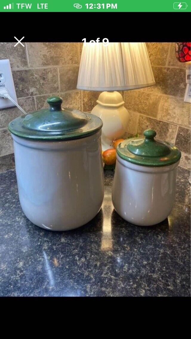 Vintage 1970’s Set Of 2, Rare White With Green Lid Heavy McCoy Canisters