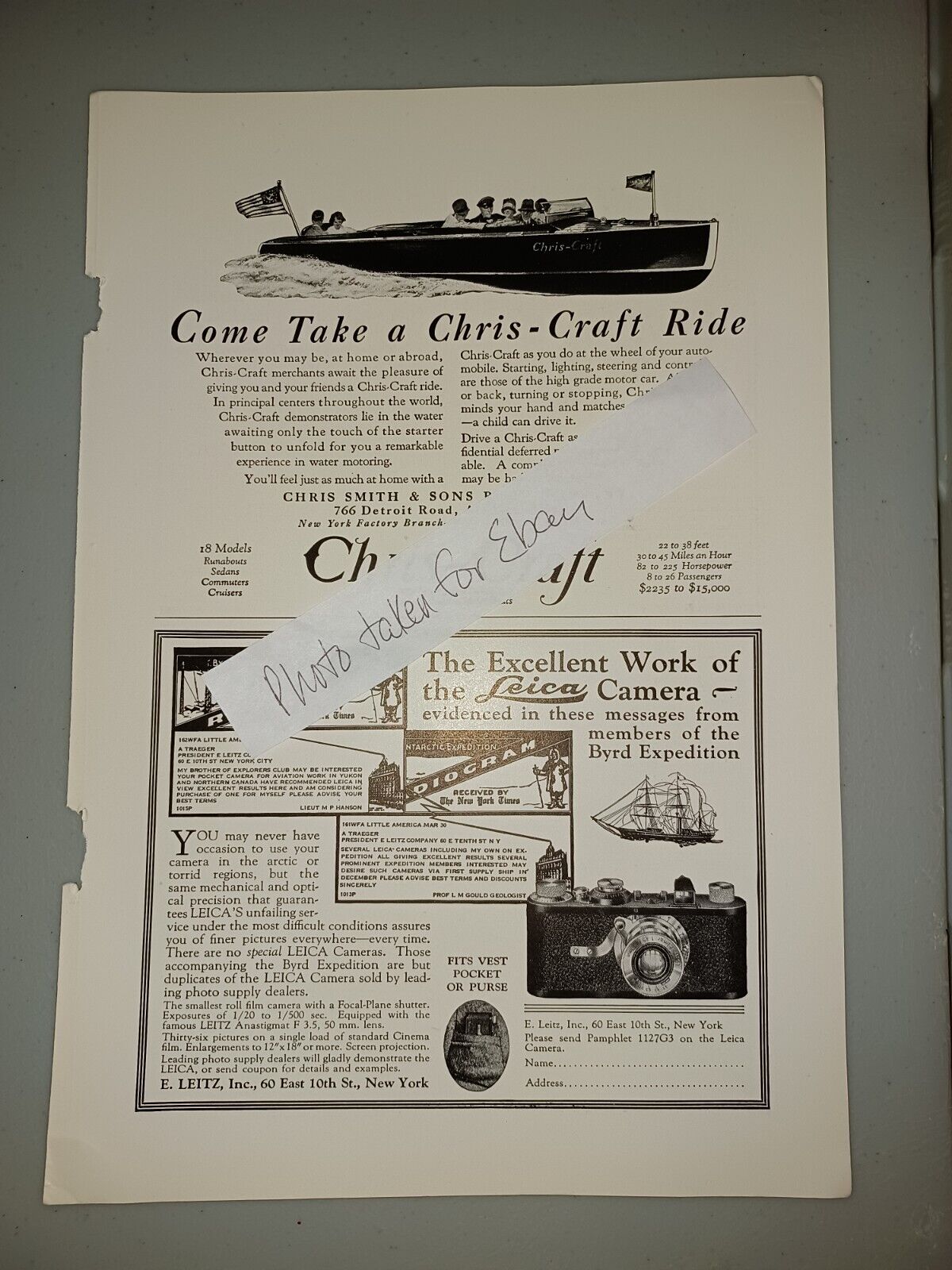Chris-Craft Boat, Leica Camera Vintage 1929 6x10 Magazine Ad