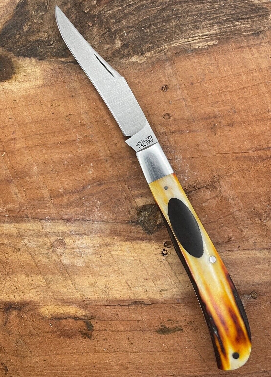 J.H. Lloyd Custom Single Blade Trapper Slipjoint Knife Amber Stag