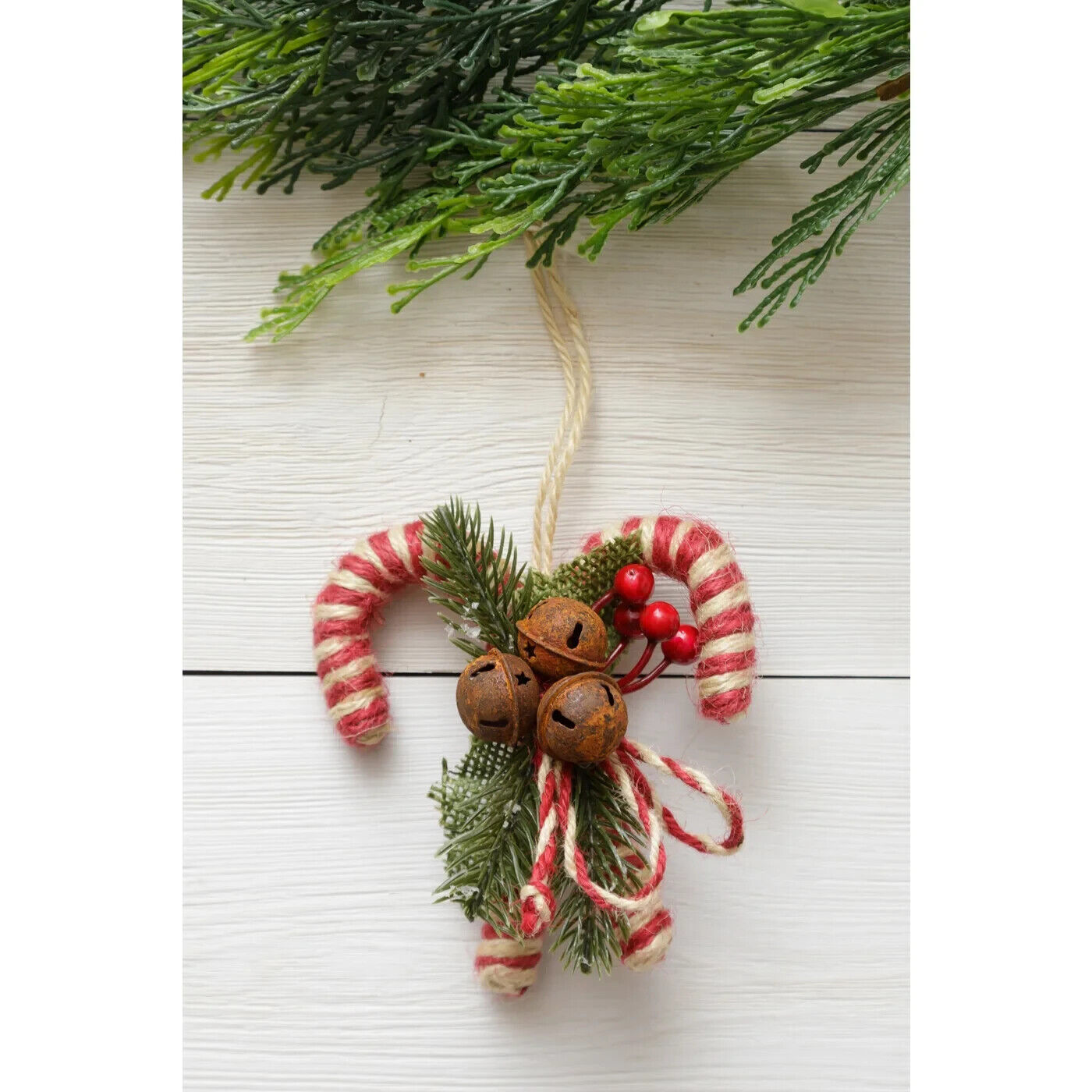 New Primitive Farmhouse RUSTY BELLS JUTE CANDY CANE ORNAMENT Hanging 5\