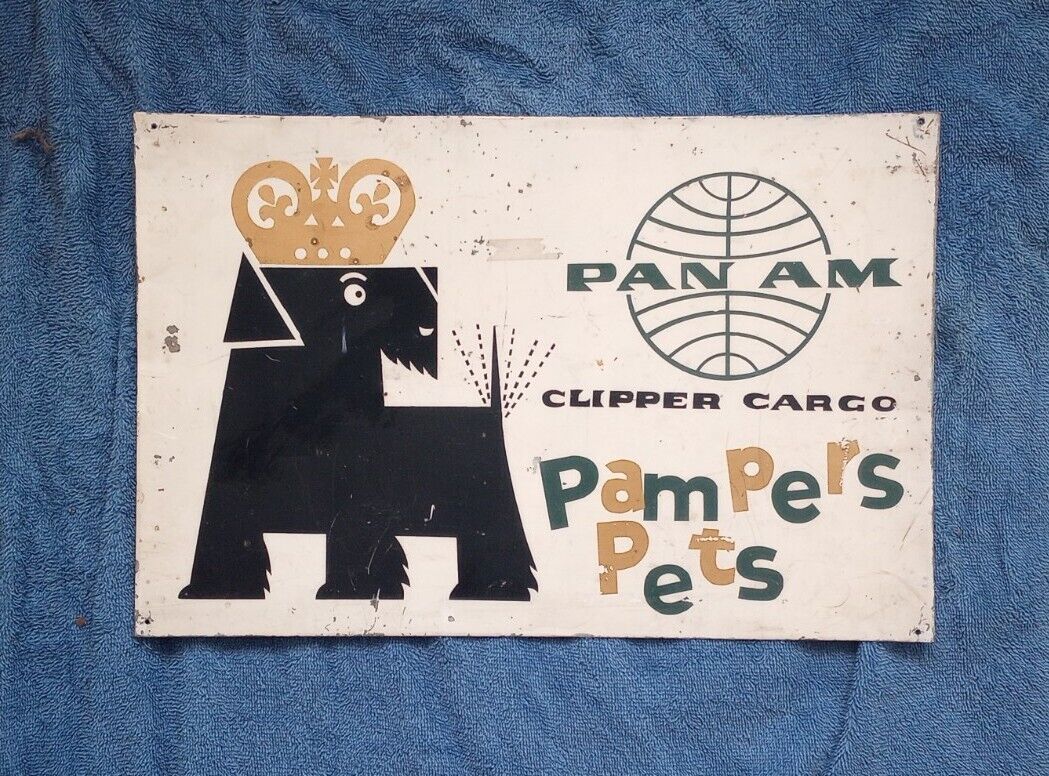 1960s Pan Am Pampers Pets. Clipper Cargo. Dog Metal Sign. 11.5x17 3/4