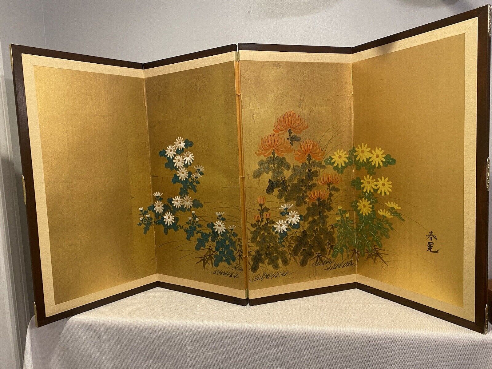 Japanese 4 Panel Folding Silk Byobu Screen Daisy Blossoms Vintage 24”x47”