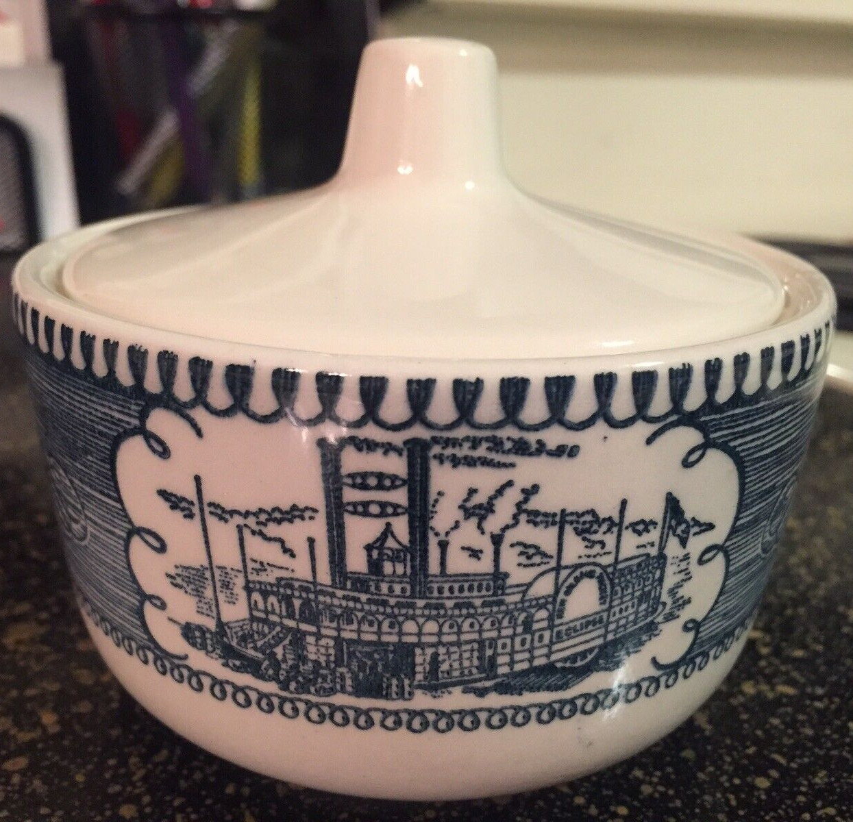 Vintage Currier & Ives Steamboat Royal China Blue White Sugar Bowl with Lid