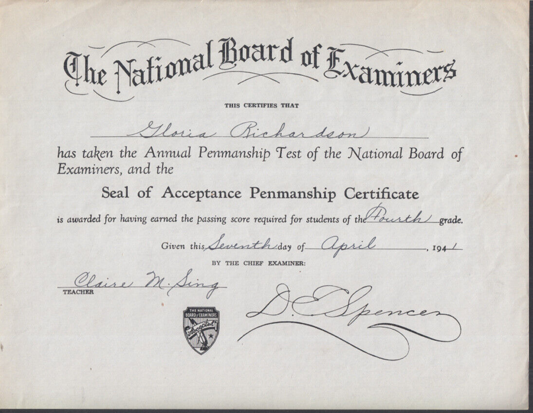 National Board of Examiners Seal of Acceptance Penmanship Certificate 1941