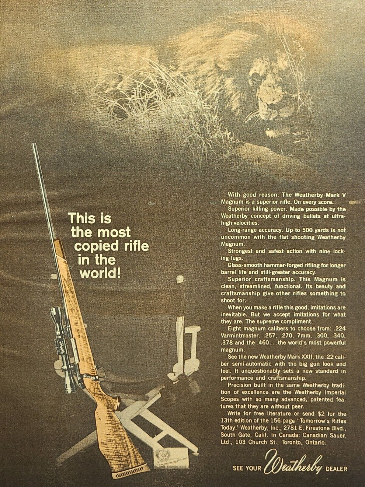 Weatherby Rifles Eight Magnum Calibers Lion South Gate CA Vintage Print Ad 1965