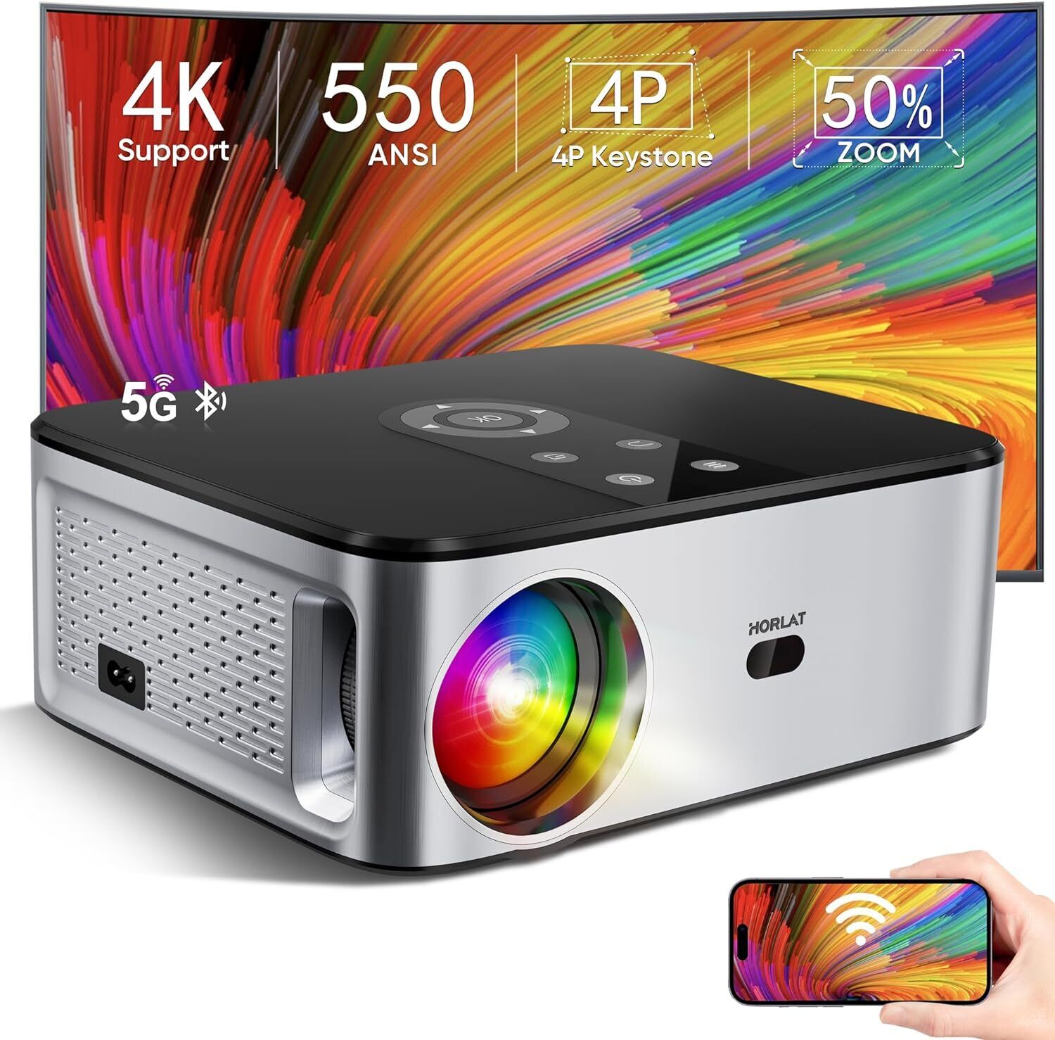 Projector with 5G WiFi and Bluetooth, 560 ANSI Full HD 1080P gray silver 2 