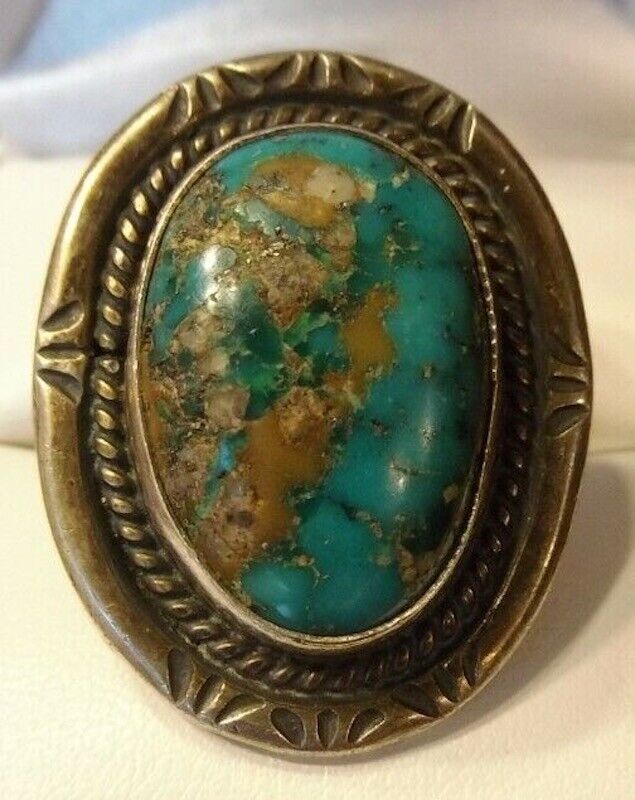 Best Early Navajo Hand Stamped Natural Turquoise Ring Size c. 5.5
