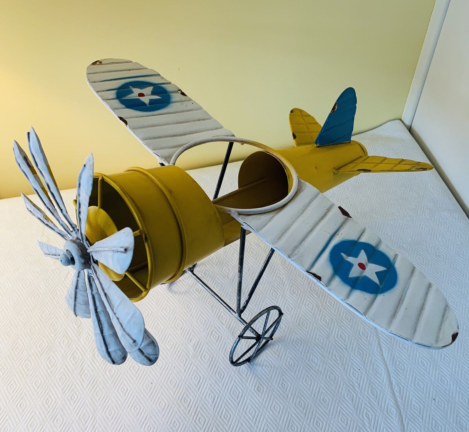 Antique Prop Plane ~ Metal & Handmade ~ Yellow/White/Blue ~ 15”L x 16”W x 12”H