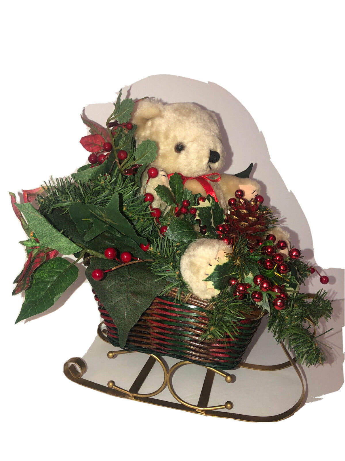 vintage christmas plastic  Sleigh Teddy Bear With Pinecones￼