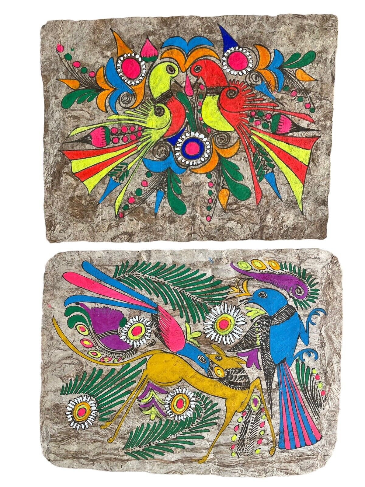 Vintage Mexico Paintings Bright Colorful Birds Mexican Folk Art Bark Paper.