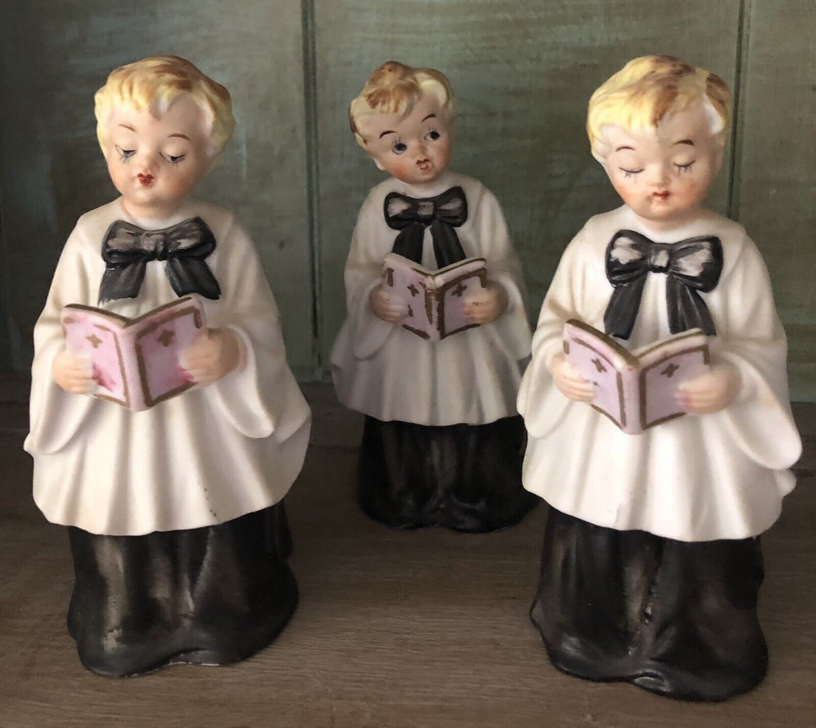 Vintage Set Of 3 Lefton Choir Boys Double Sides Porcelain Figurines