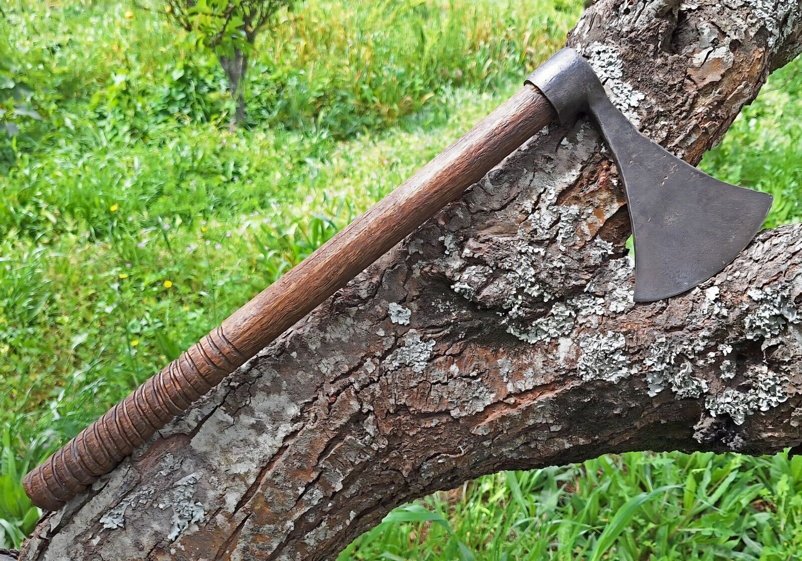18TH CENTURY FORGED IRON BELT AXE TOMAHAWK ON ORIGINAL HANDLE ANTIQUE SIGNED