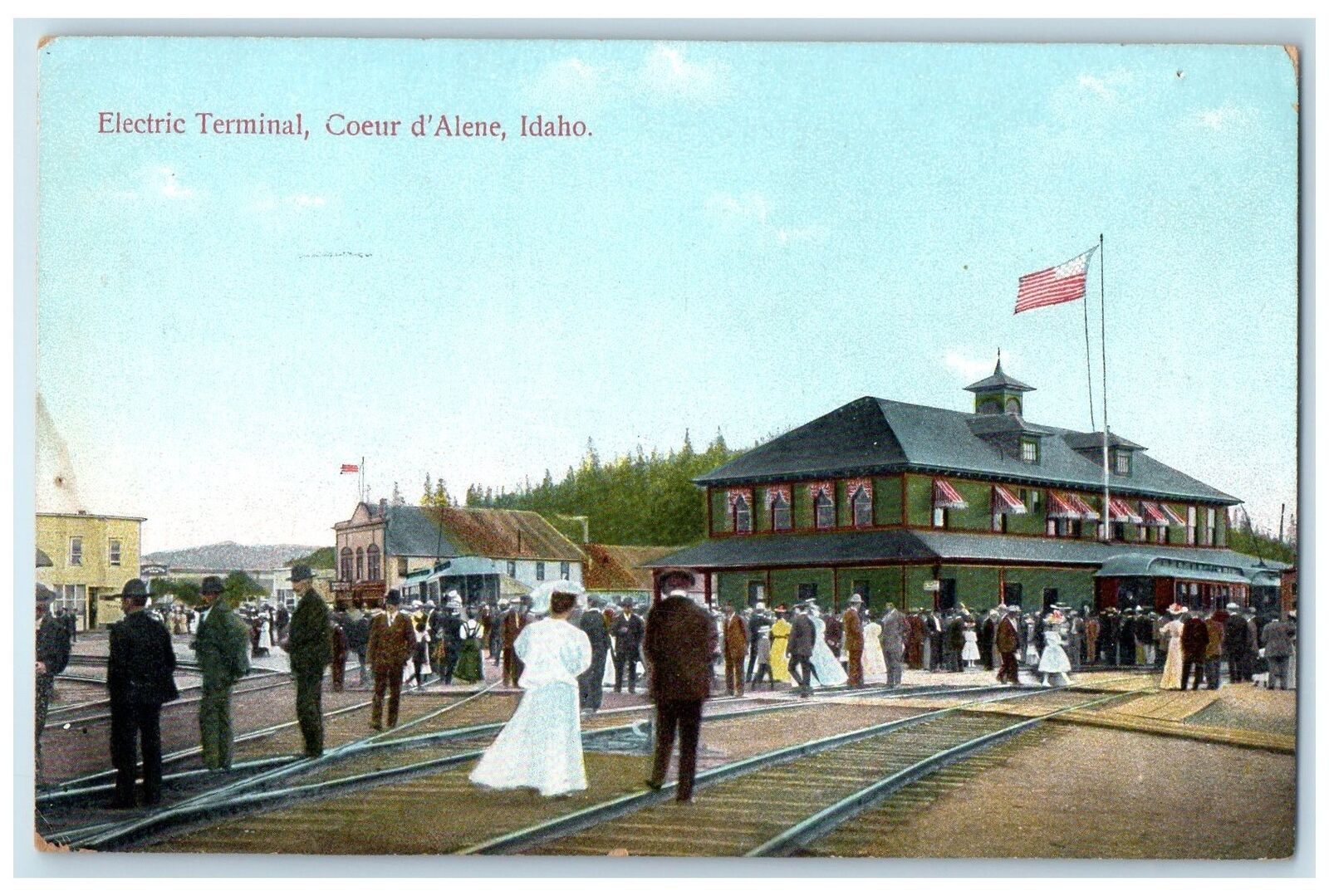 c1910 Electric Terminal Trolley Railway Crowd Depot Coeur d'Alene Idaho Postcard