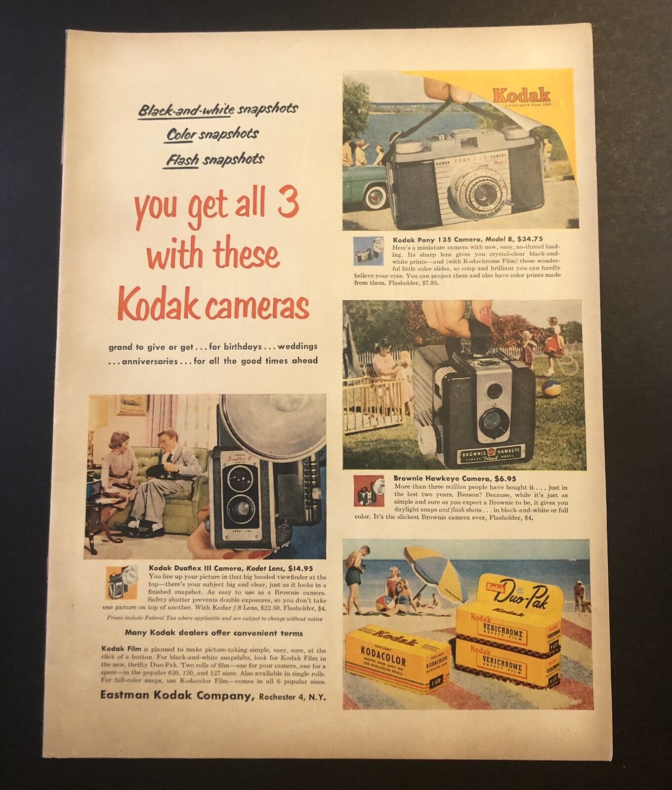 1950’s Kodak Cameras Brownie Hawkeye Colored Magazine Ad
