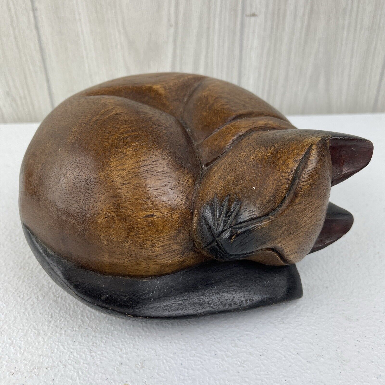Vintage LARGE 8” Hand Carved Solid Wood Curled Up Sleeping Siamese Cat Statue