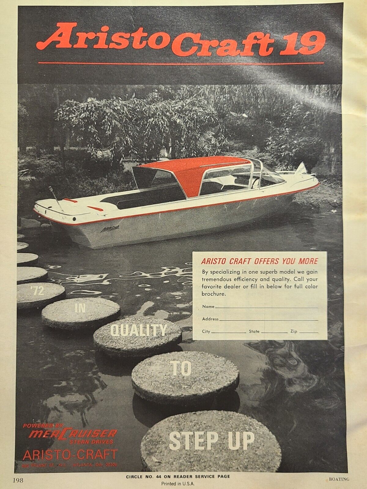 Aristo-Craft Pleasure Boat Atlanta GA Quality MerCruiser Vintage Print Ad 1972