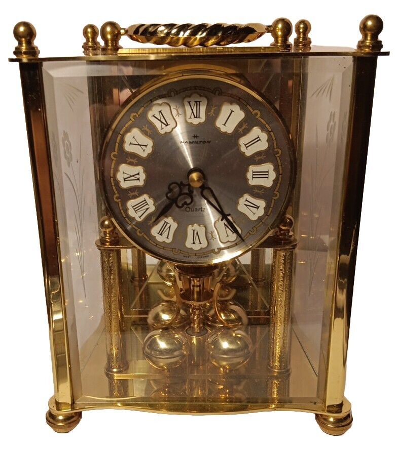Hamilton Brass Carriage Anniversary Clock, Ornate Face, Quartz, Glass