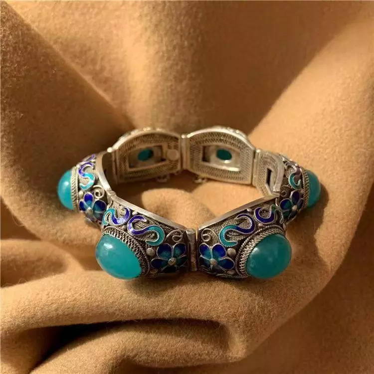 Exquisite Beautiful Chinese Cloisonne Silver Inlaid Jade Bracelet A Great Gift