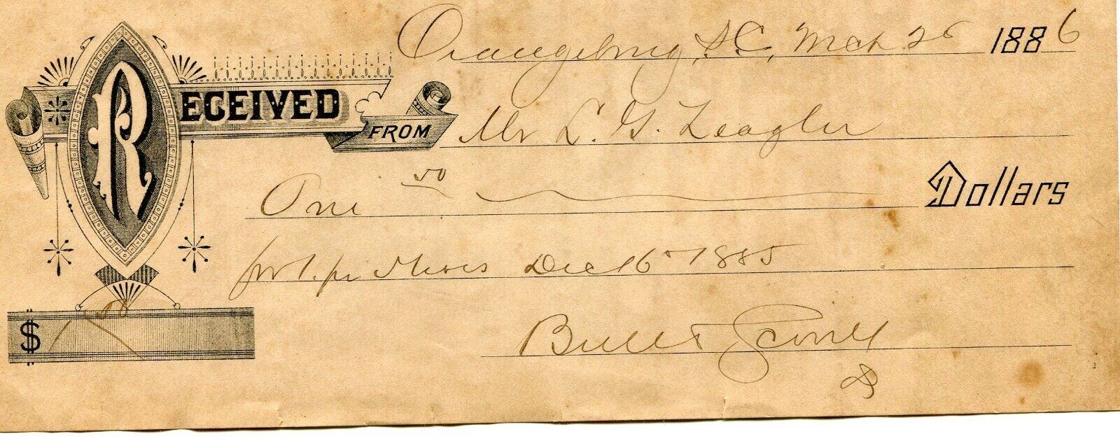 1886 RECEIPT BULL & SCOVILL ORANGEBURG SC  TO MR L G ZEAGLER 