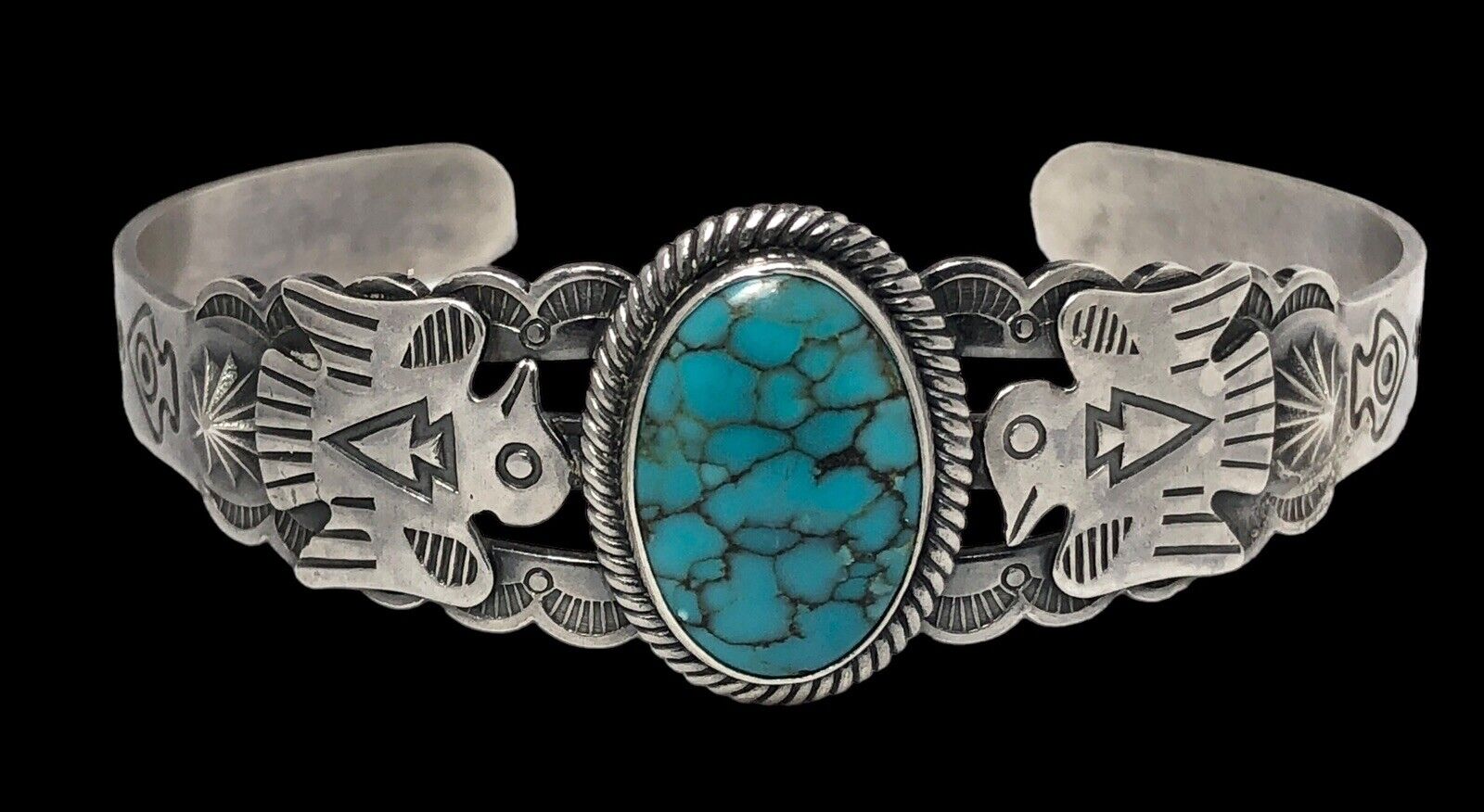 Vintage 6” Navajo Sterling Matrix turquoise Thunderbird cuff bracelet