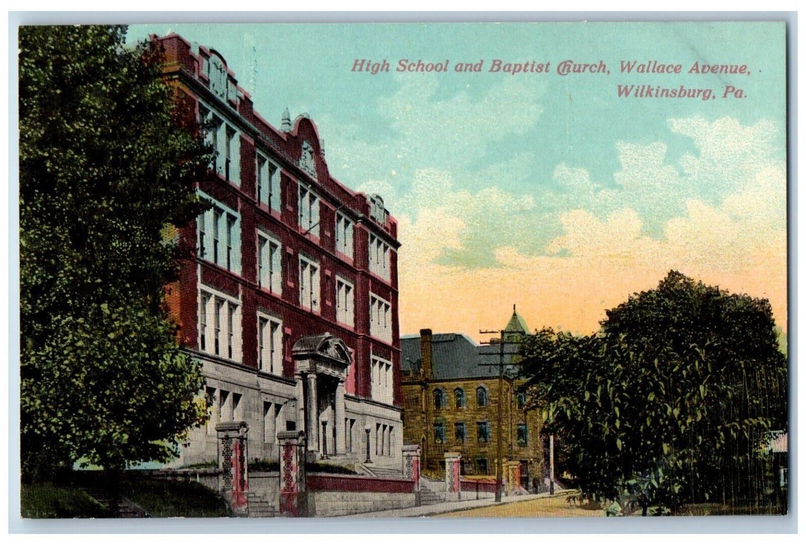 Wilkinsburg Pennsylvania Postcard High School Baptist Church Wallace Avenue 1910