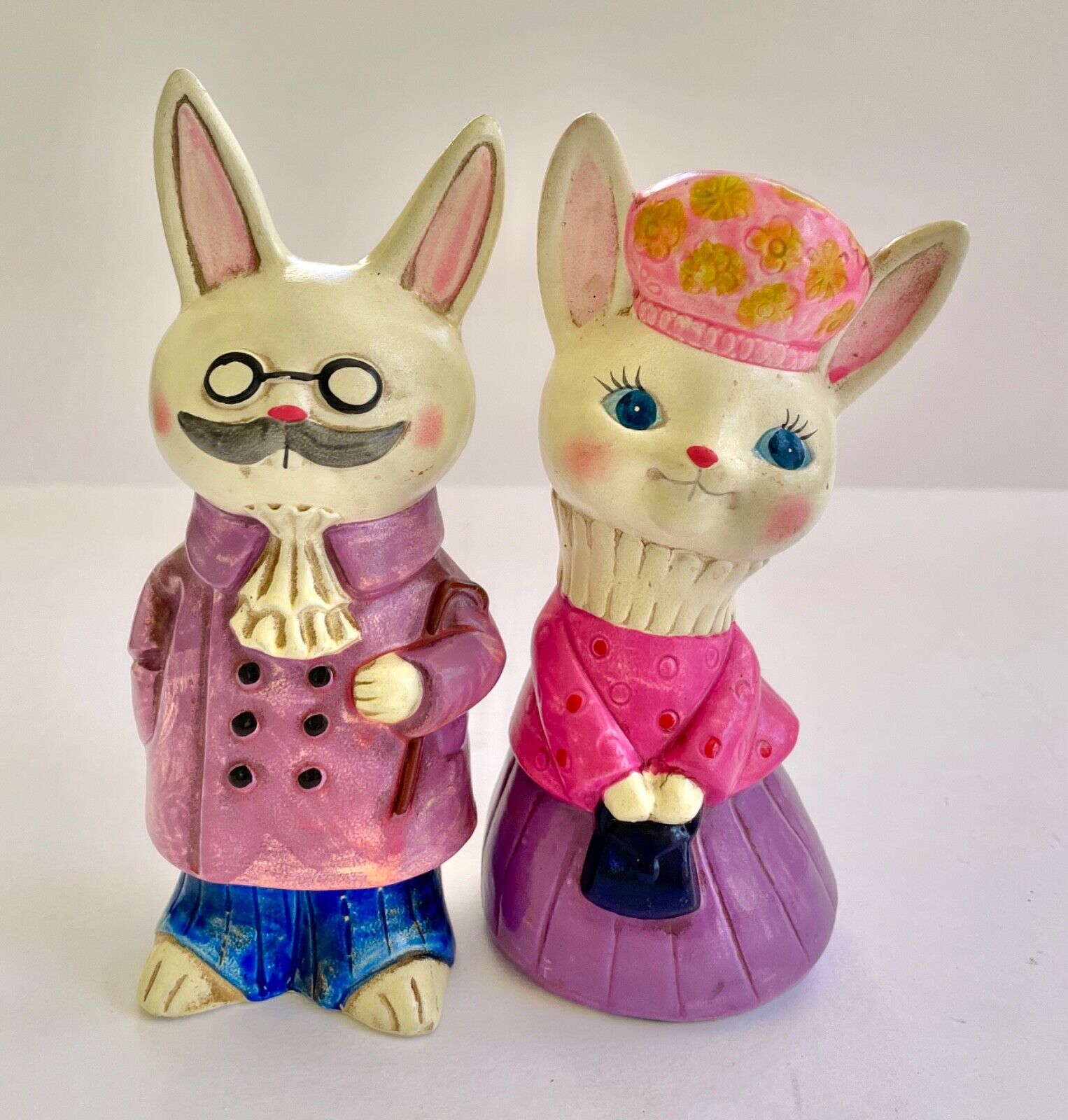 Japanese Vintage 1970s Bunny Rabbits Couple Figures Ceramic Pair Big Eyed Kitsch