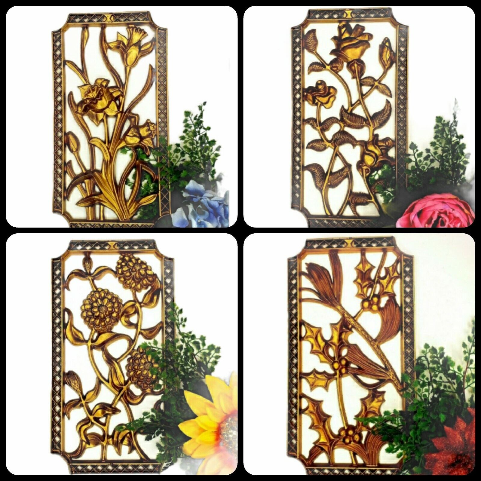 Four Seasons MCM 1950s Wall Art USA Floral Set of 4 Golden RoCoco Plaques