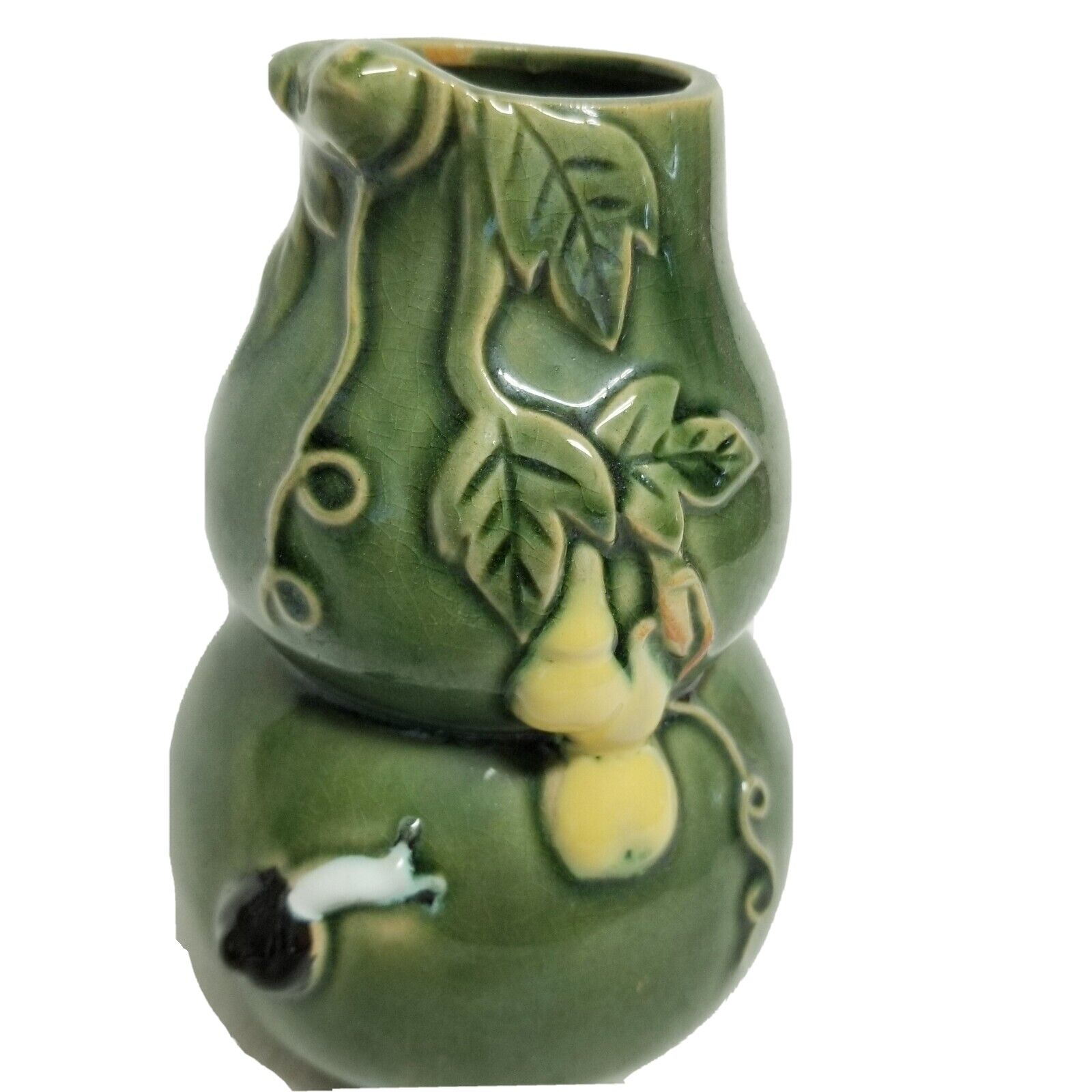 Vintage Unsigned Art Pottery Gourd Shaped VASE, Green Glazed With Squash & Snail