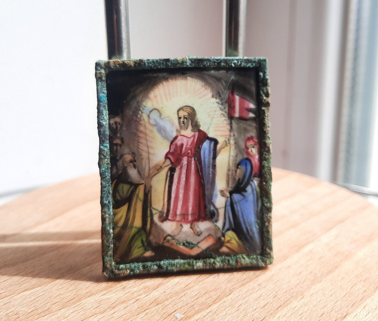 Antique Miniature Russian Enamel Finift Resurrection of Jesus Icon 19th Century