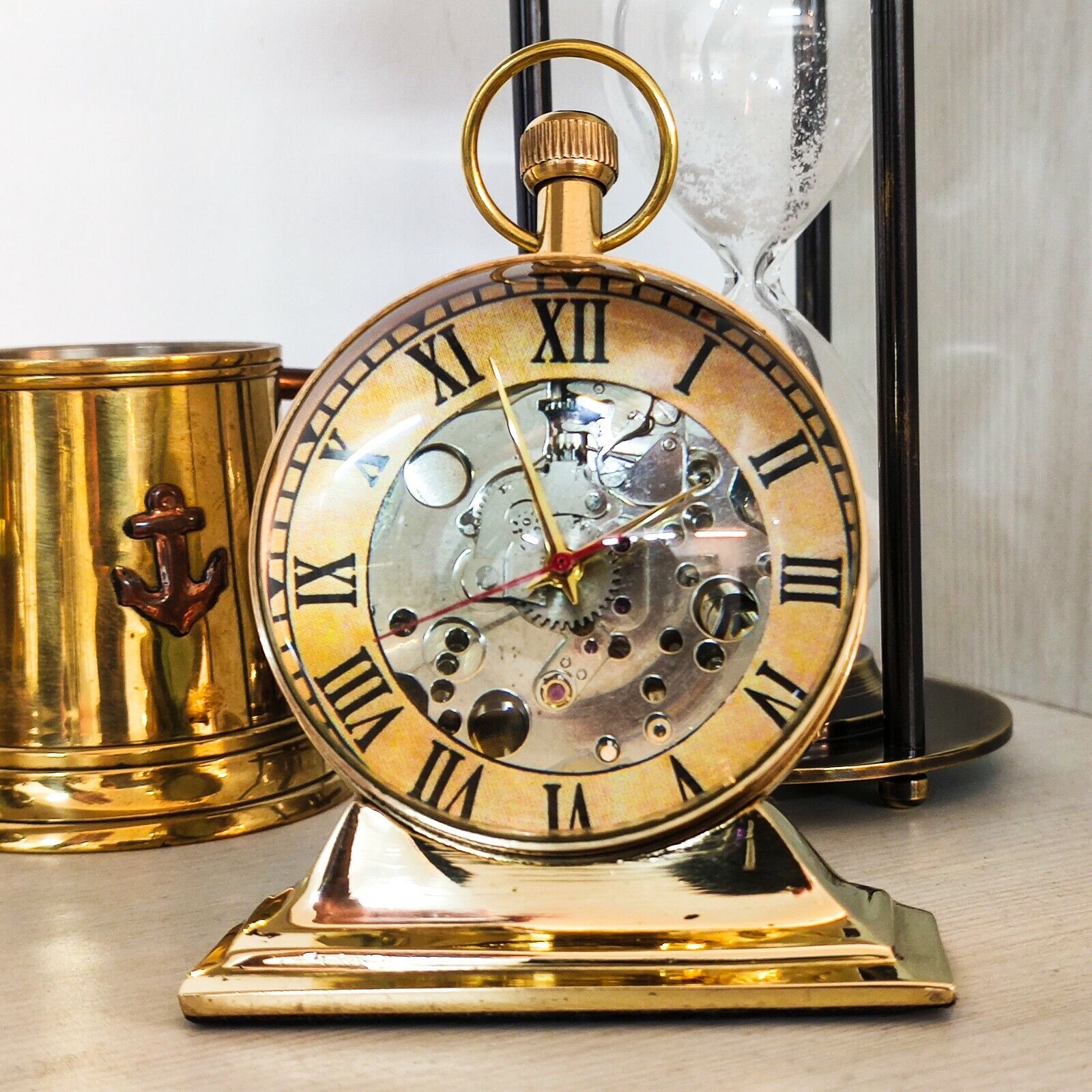 Vintage style Trophy Brass Desk Clock Mechanical Table top Decorative