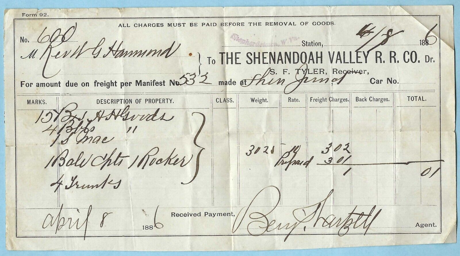 Shenandoah Valley RR 1886 Freight Receipt