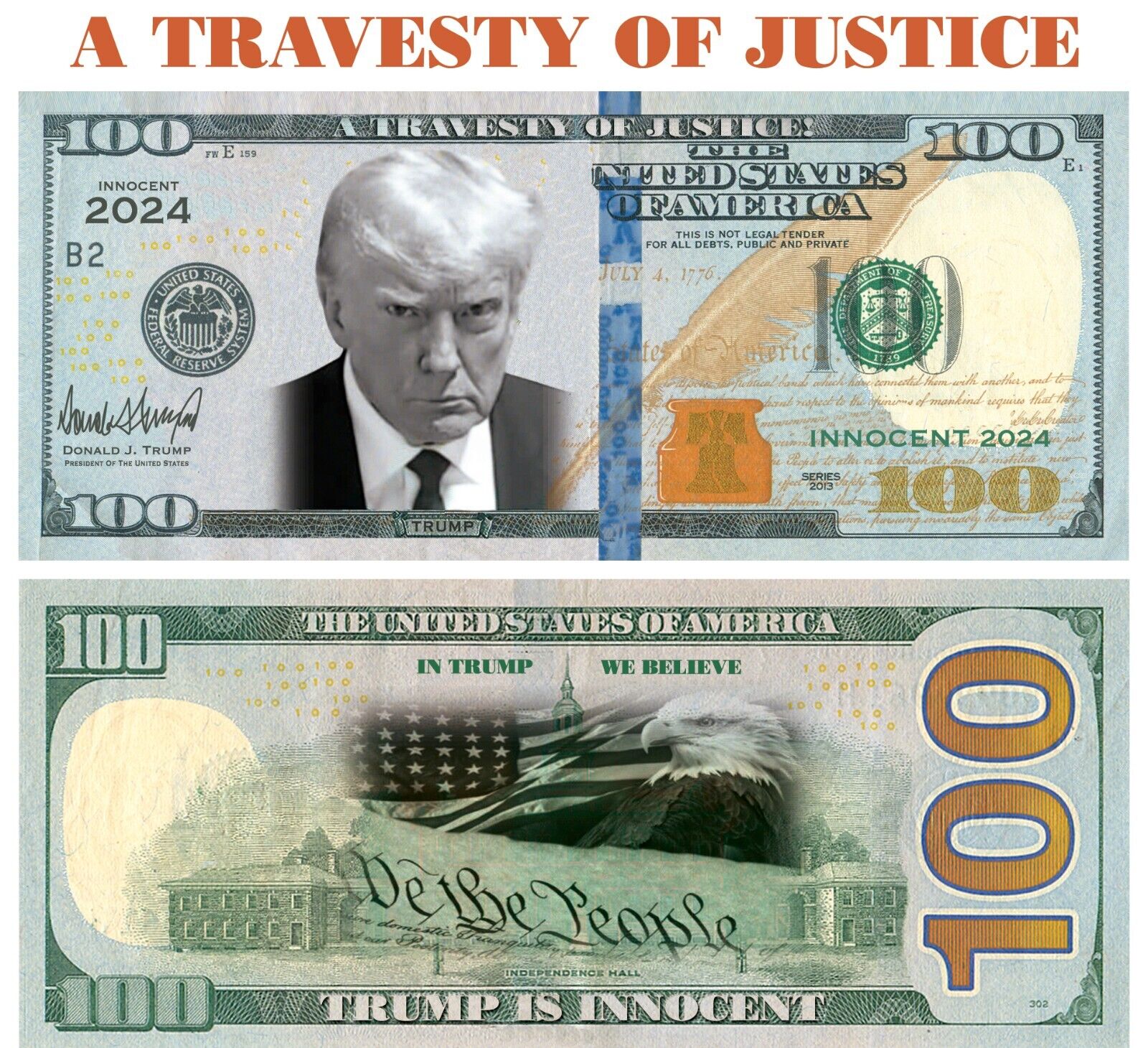 100 pack Trump INNOCENT A Travesty Of Justice  Dollar Bills Funny Money Maga