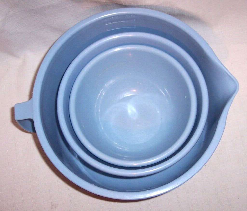 3 PC Vintage 60s Shamrock Neatway Blue Swirl 2.5 Qt 10 Cup Measuring Mixing Bowl