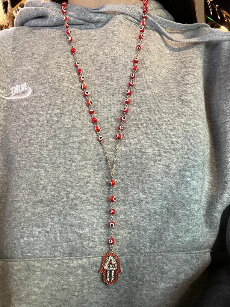 Trendy Red Rosary Beads with Greece Luky Eyes with Hamsha Hand of The Ferry