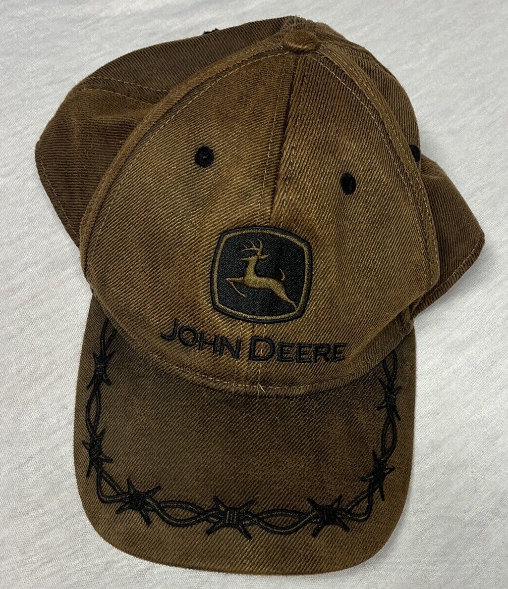Vtg John Deere Hat Oil Skin Look Brown One Size Cap Adjustable Barbed Wire